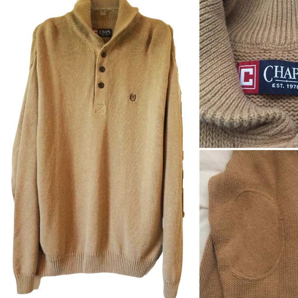 Chaps 3 button Elbow patch cable knit sweater